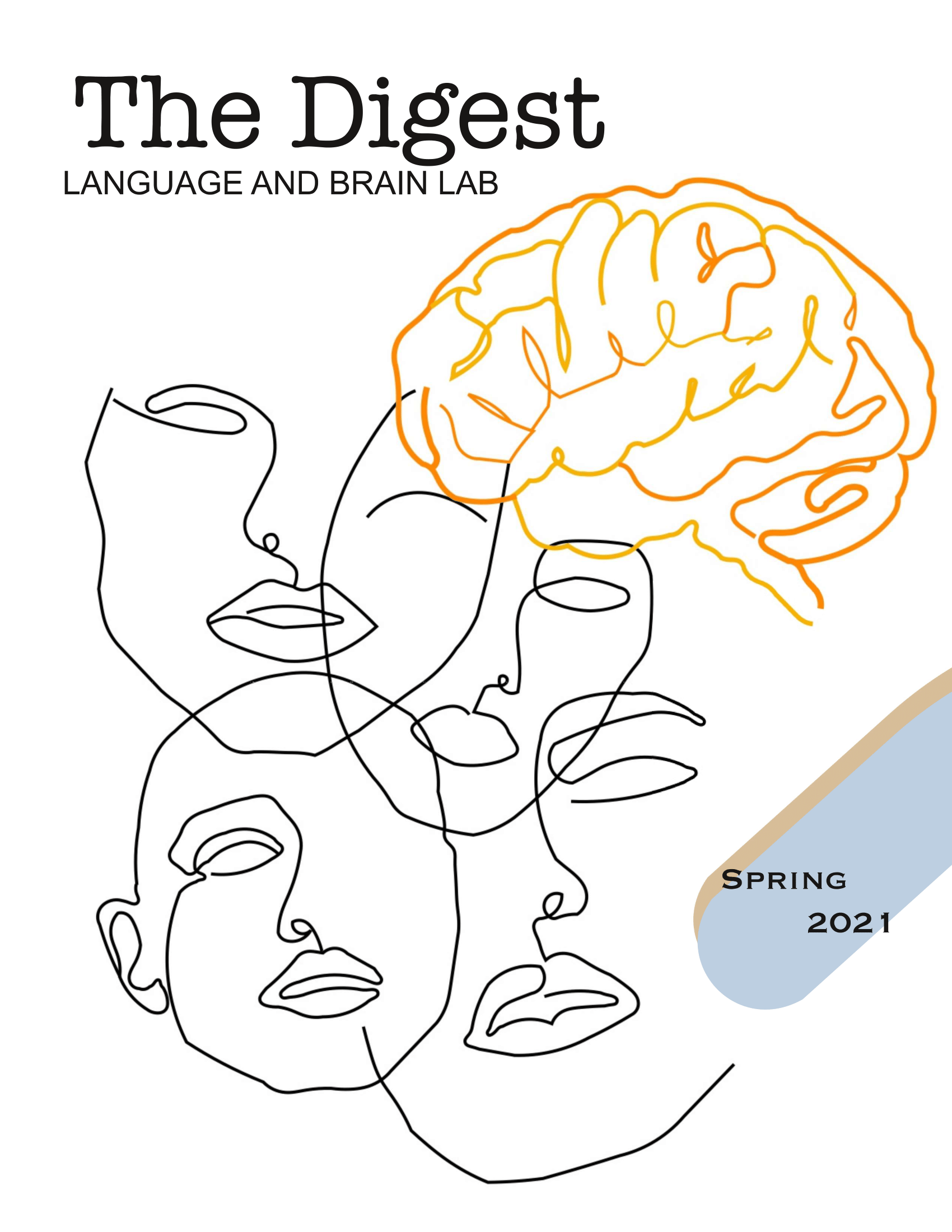 The cover of the spring 2021 issue of The Spoken Word. It features an illustration of line drawings of a brain and 4 different peoples' faces