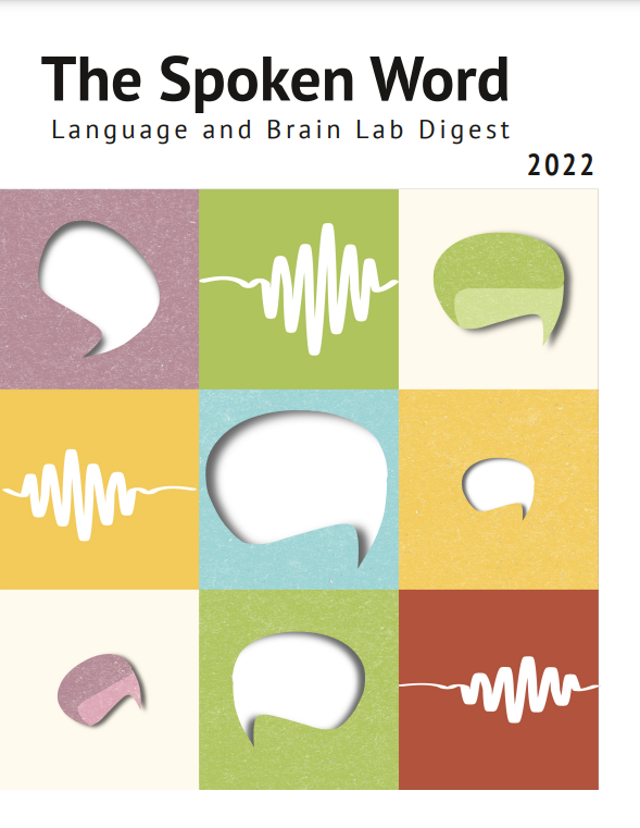 The cover of the 2022 issue of The Spoken Word. It features tiled versions of the LAB Lab logo and speech waveforms on purple, green, yellow, red, and beige backgrounds